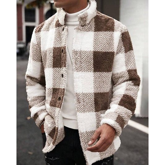 Men's Plaid Fleece Jacket with Stand Collar - Cozy Winter Outerwear