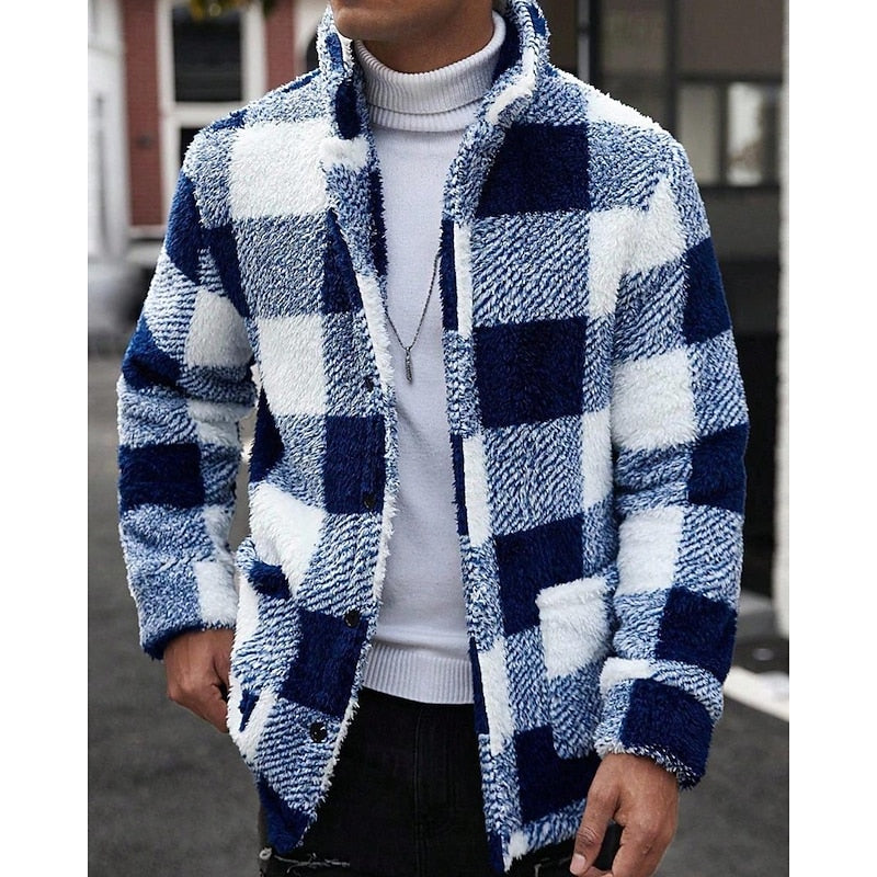 Men's Plaid Fleece Jacket with Stand Collar - Cozy Winter Outerwear