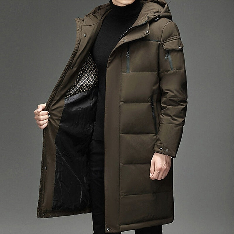 Men's Hooded Long Puffer Coat Winter Parka Zip-Up Jacket