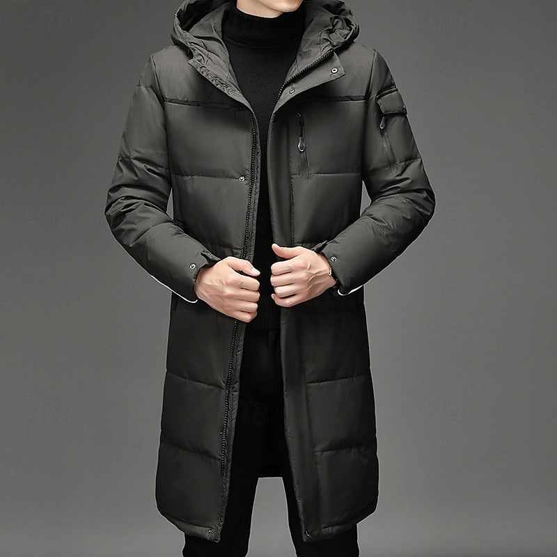 Men's Hooded Long Puffer Coat Winter Parka Zip-Up Jacket Gray