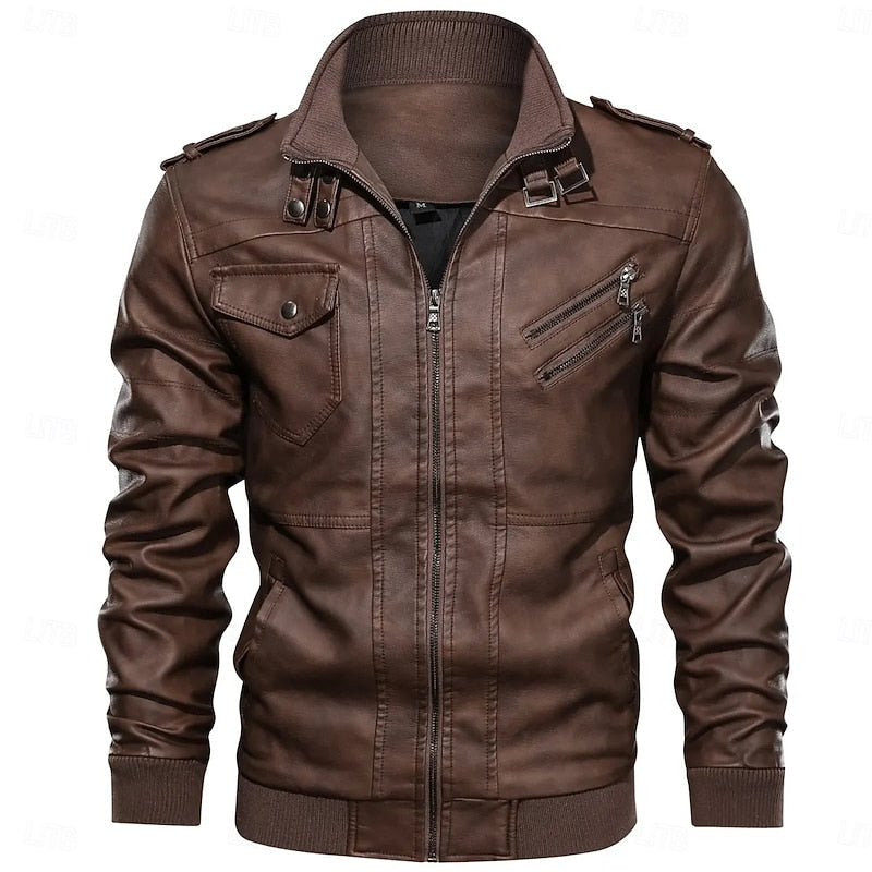 Men's Brown PU Leather Biker Jacket with Stand Collar – Casual Style