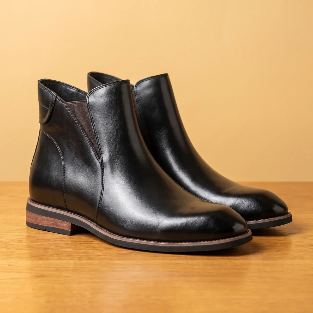Men's Genuine Leather Elastic Side Chelsea Footwear for Daily Use Black