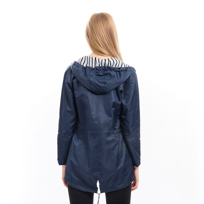 Women's Hooded Drawstring Zip-Up Utility Jacket with Full Front Zipper