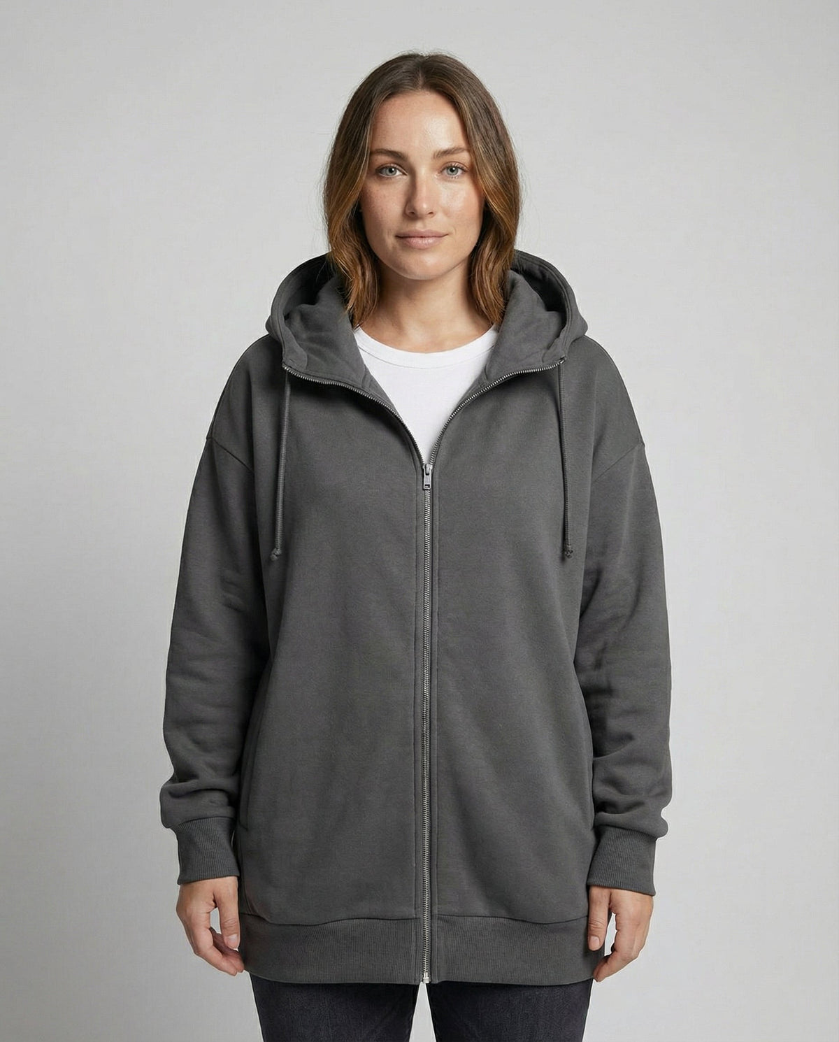 Women's Oversized Longline Zip-Up Hoodie with Ribbed Details Black