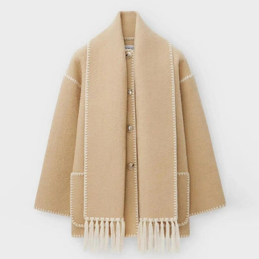 Women's Fringe Trim Open Front Sweater Cardigan with Open front Khaki