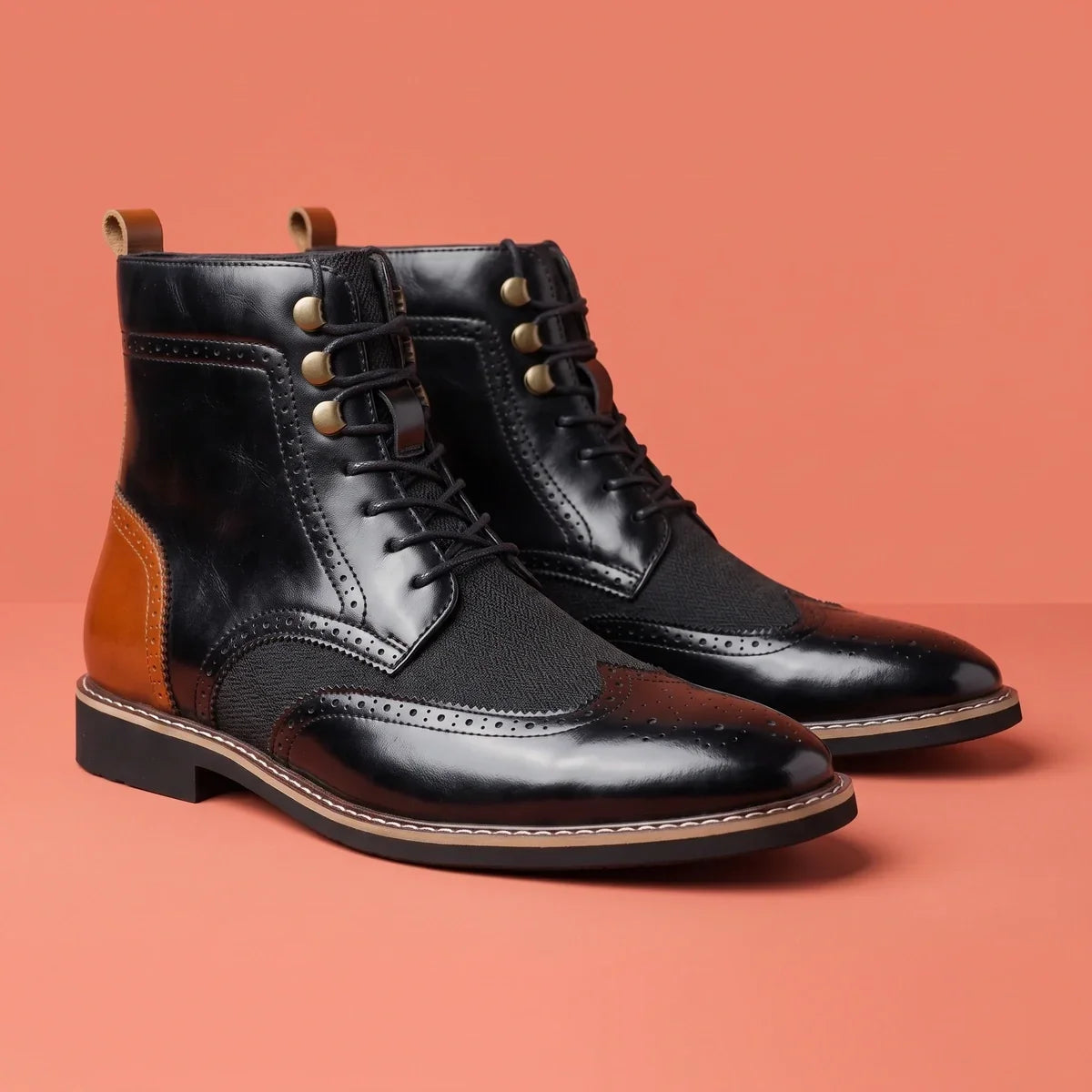 Men's Full Grain Wingtip Brogue Lace-Up Dress Boots for Daily Use Black