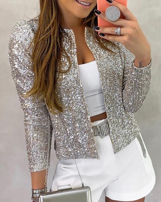 Women's Sparkling Open Front Sequin Blazer for Daily Use Silver