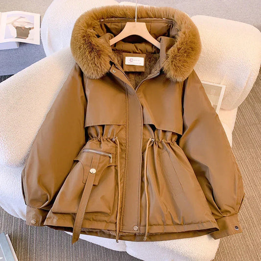 Women's Belted Puffer Winter Coat with Faux Fur Collar for Daily Use Brown