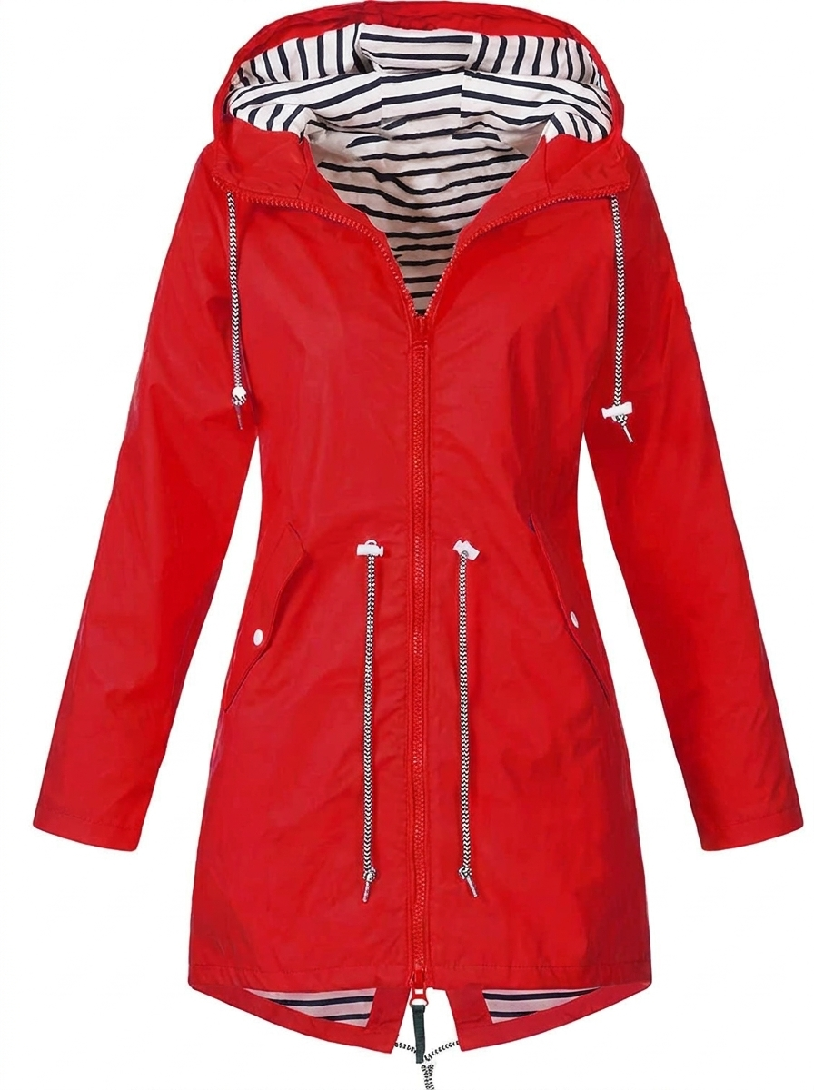 Women's Hooded Drawstring Zip-Up Utility Jacket with Full Front Zipper Red