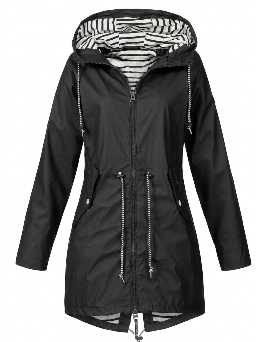 Women's Hooded Drawstring Zip-Up Utility Jacket with Full Front Zipper Black