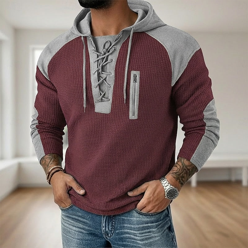 Men's Textured Lace-Up Sweatshirt for Fall and Winter Everyday Wear