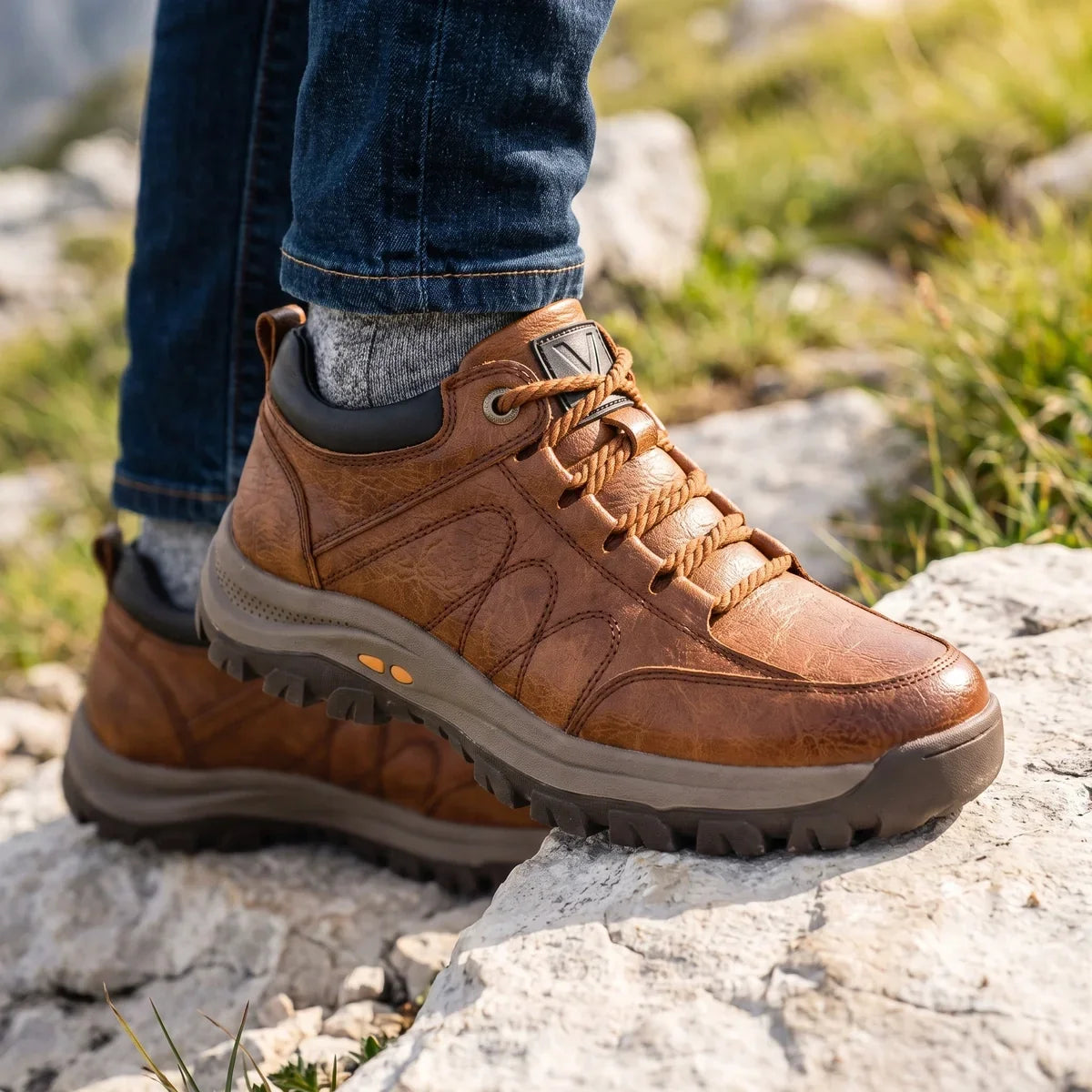 Men's Orthopedic Leather Hiking Shoes with Lug Sole for Daily Use Brown