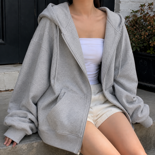 Women's Oversized Drop-Shoulder Zip-Up Hoodie with Pockets Gray