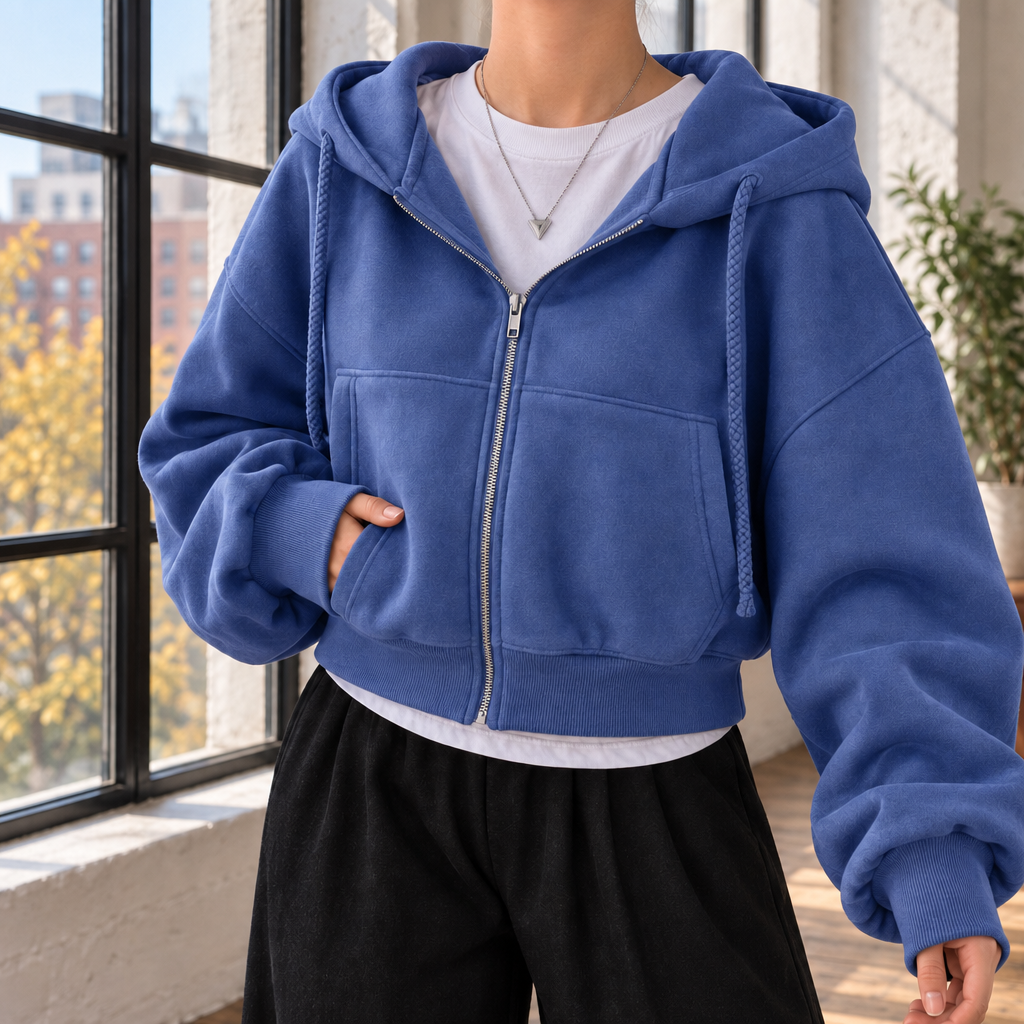 Women's Cropped Oversized Zip-Up Hoodie with Balloon Sleeves Blue