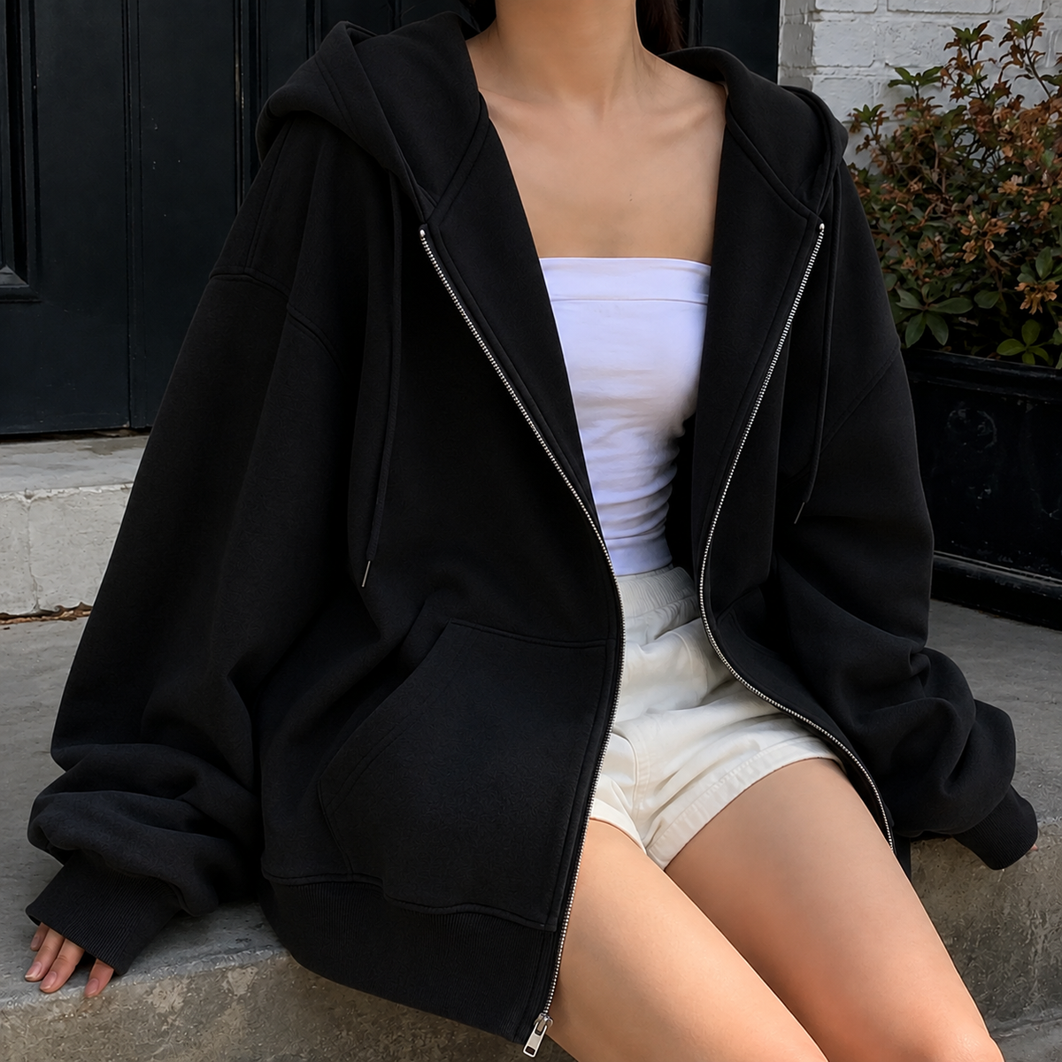 Women's Oversized Drop-Shoulder Zip-Up Hoodie with Pockets Black