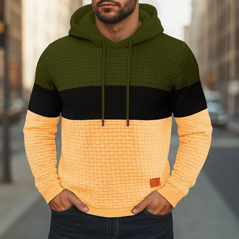 Men's Color Block Textured Pullover Hoodie for Daily Use Army Green