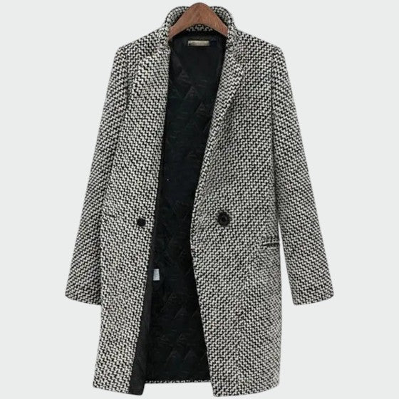 Women's Houndstooth Longline Tailored Overcoat for Daily Use Black
