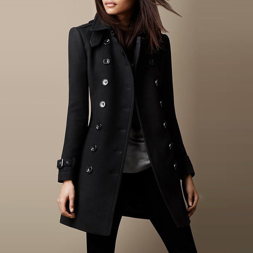 Women's Tailored Double-Breasted Coat for Daily Use Warm Black