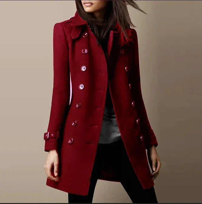 Women's Tailored Double-Breasted Coat for Daily Use Warm Red
