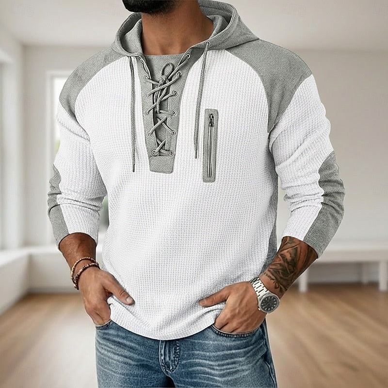 Men's Textured Lace-Up Sweatshirt for Fall and Winter Everyday Wear