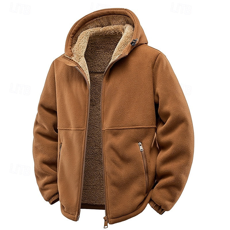 Men's Comfortable Hooded Zip-Up Sweatshirt with Fleece Collar Brown