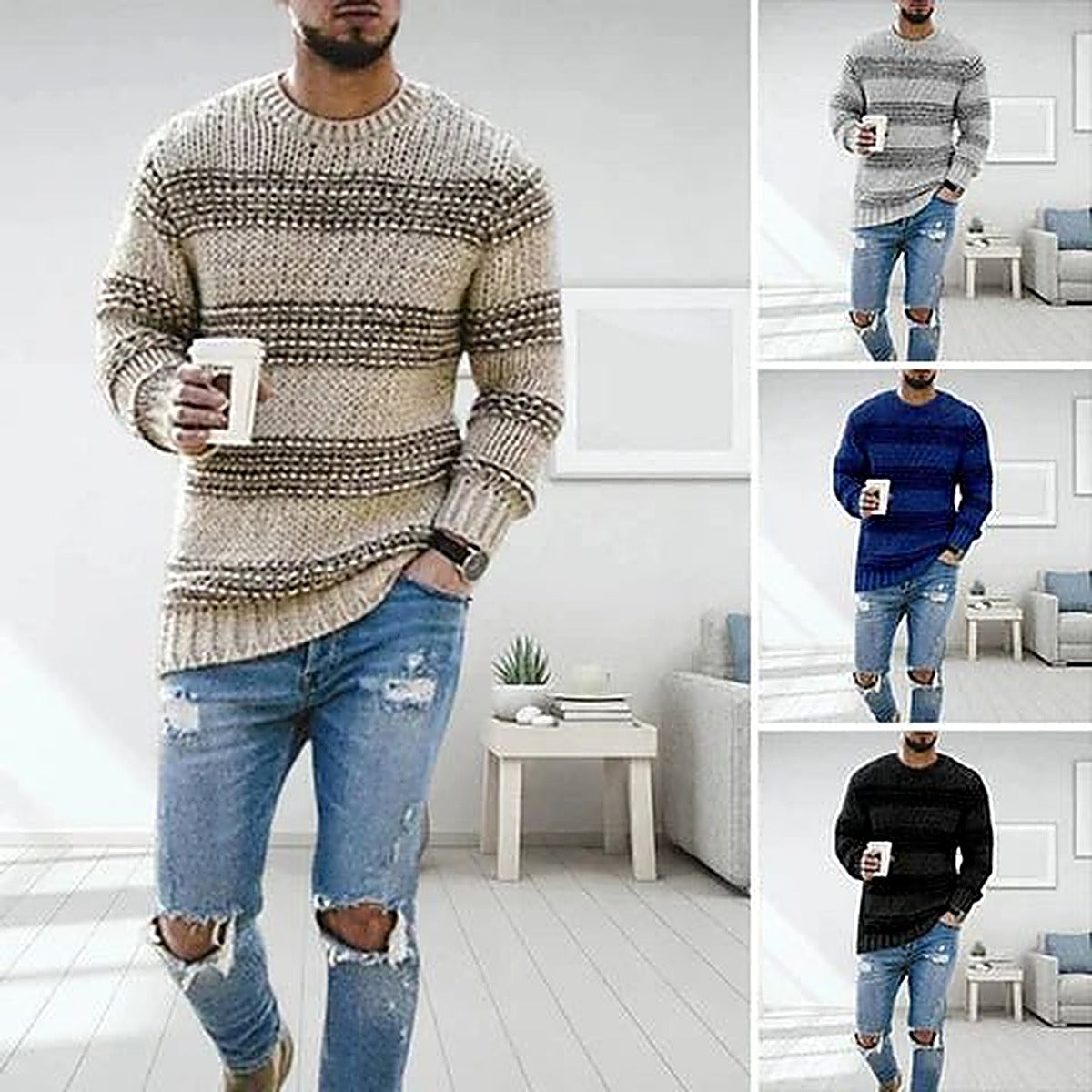 Men's Striped Crew Neck Sweater for Everyday Wear for Daily Use