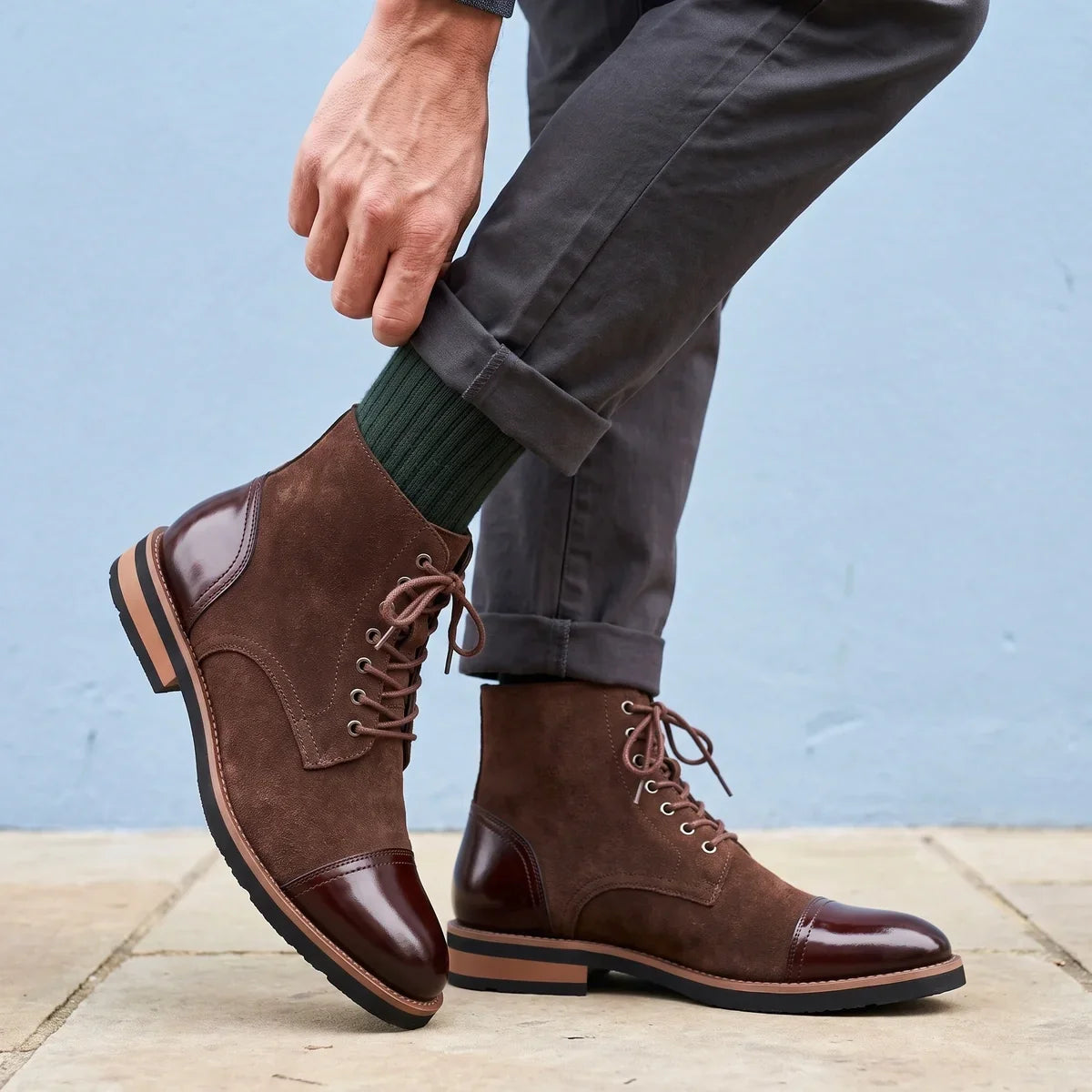 Men's Two Tone Cap Toe Dress Boots for Fall and Winter Everyday Wear Brown