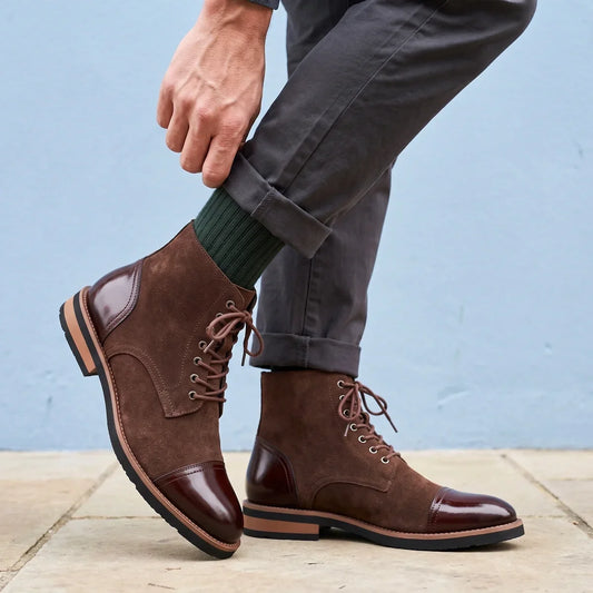 Men's Two Tone Cap Toe Dress Boots for Fall and Winter Everyday Wear Brown