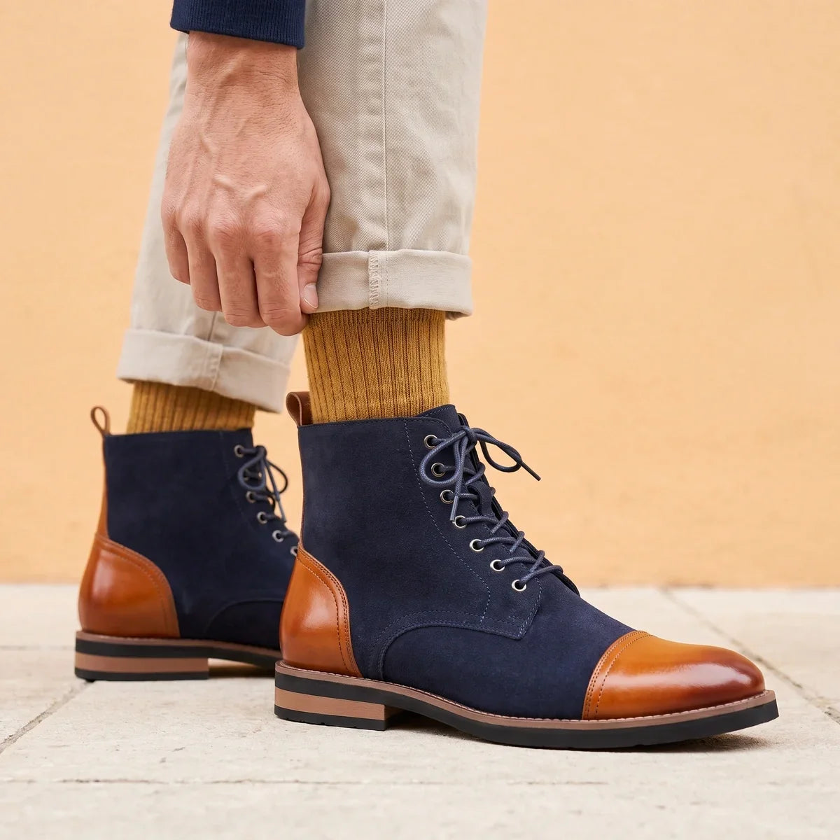 Men's Two Tone Cap Toe Dress Boots for Fall and Winter Everyday Wear Navy