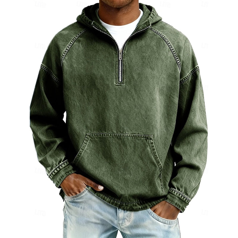 Men's Casual Washed Quarter-Zip Hoodie for Daily Use Warm Dark Green