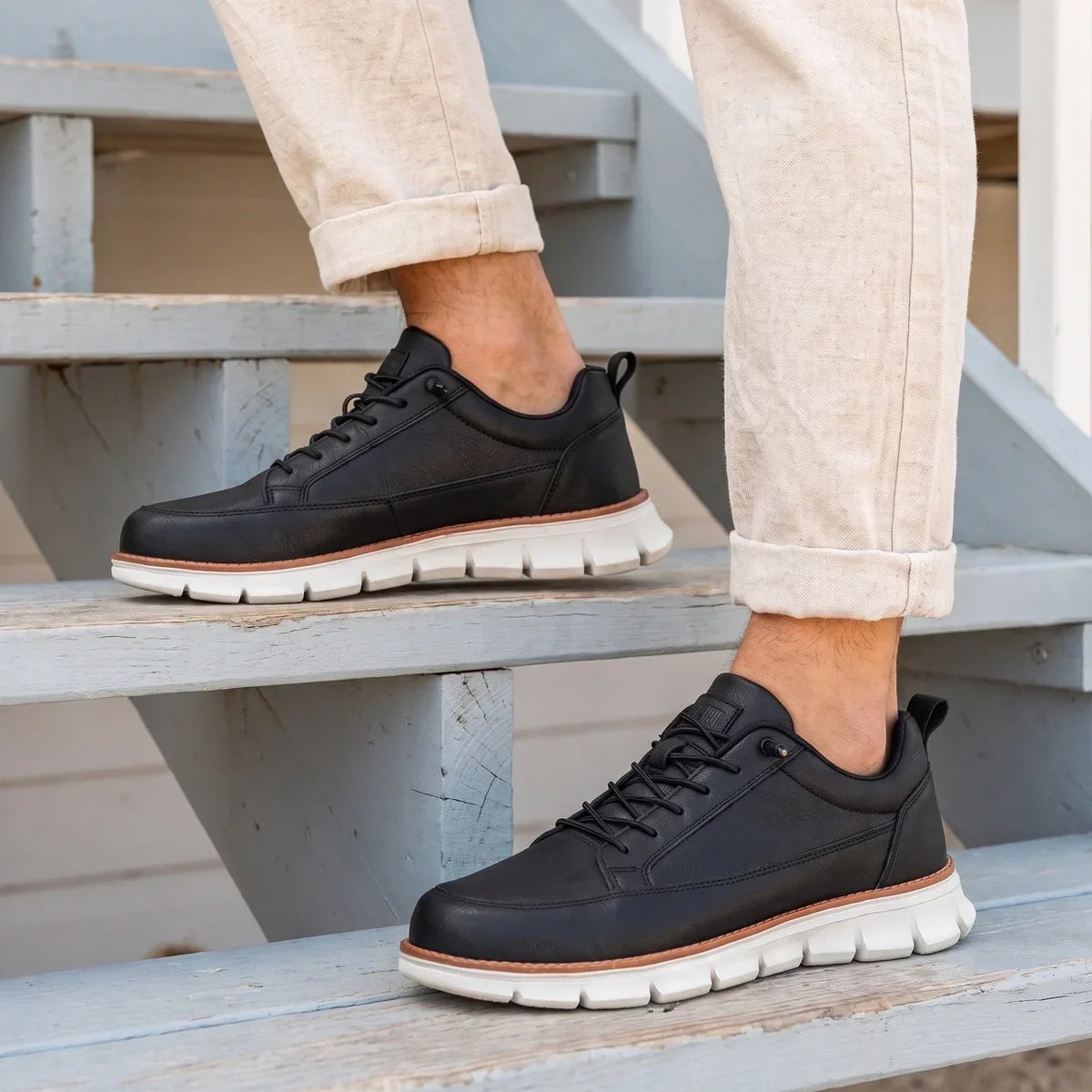 Men's Leather Orthopedic Striped Sneakers for Daily Use Black