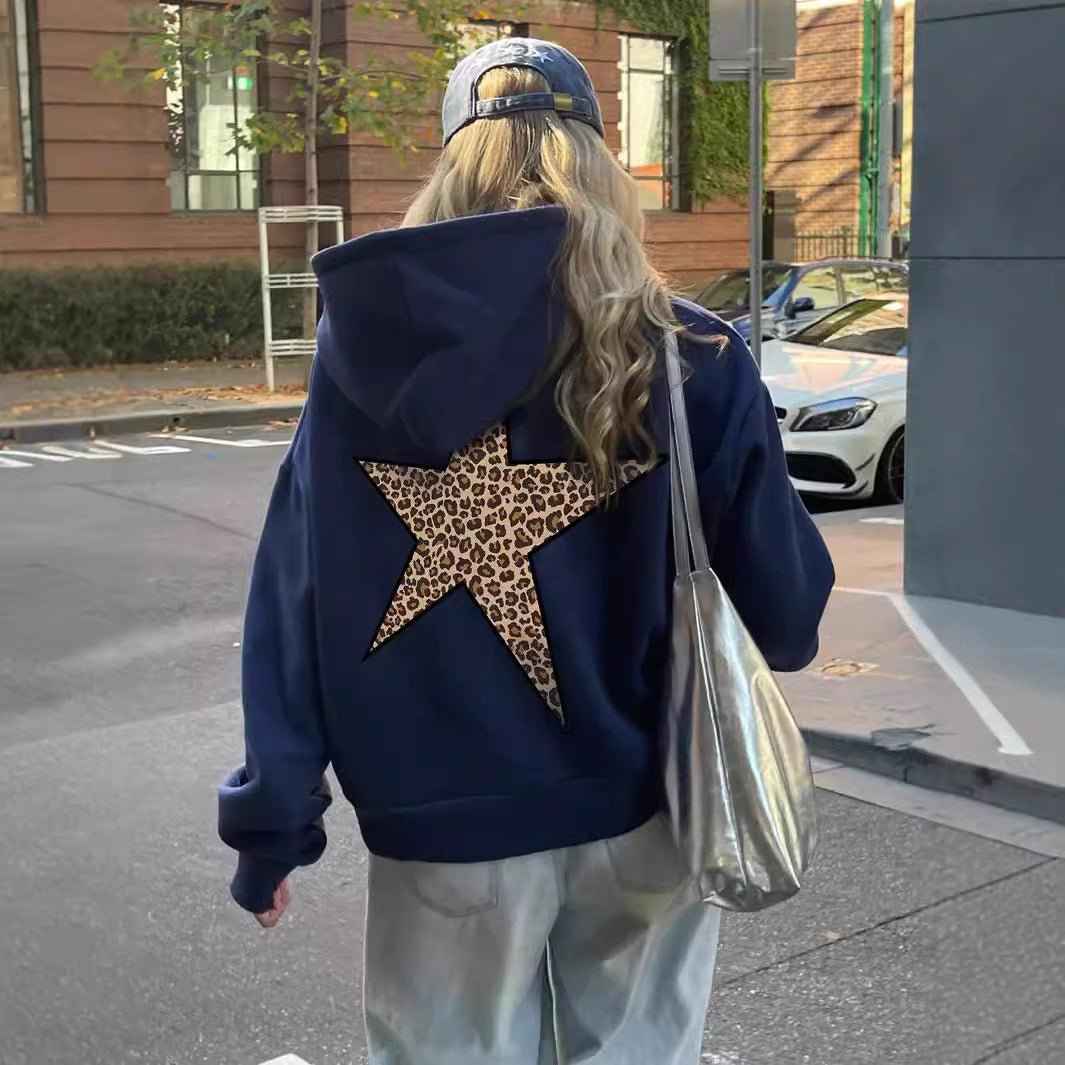 Women's Oversized Leopard Print Hoodie with Pocket for Daily Use Blue