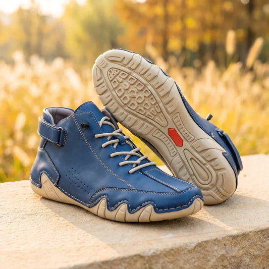 Men's Genuine Leather High-Top Sneakers with Wavy Sole for Daily Use Blue