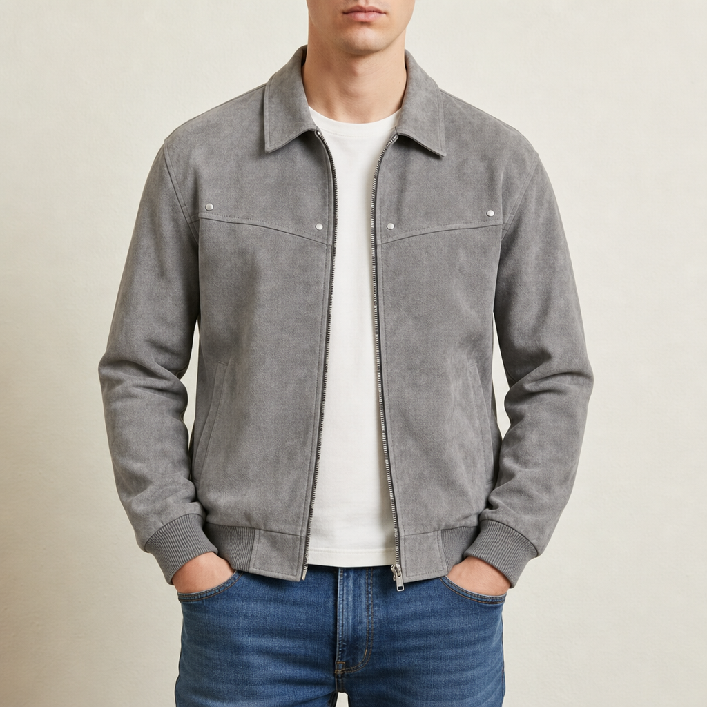 Men's Classic Leather Bomber Jacket with Ribbed Trim for Daily Use Light Gray