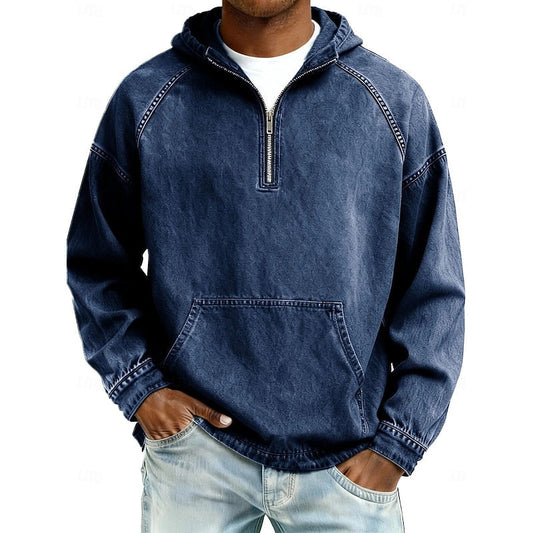 Men's Casual Washed Quarter-Zip Hoodie for Daily Use Warm Dark Blue