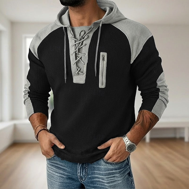 Men's Textured Lace-Up Sweatshirt for Fall and Winter Everyday Wear Black
