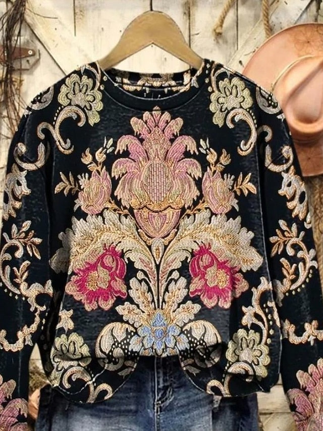 Women's Floral Geometric Pullover Sweatshirt for Daily Use Black