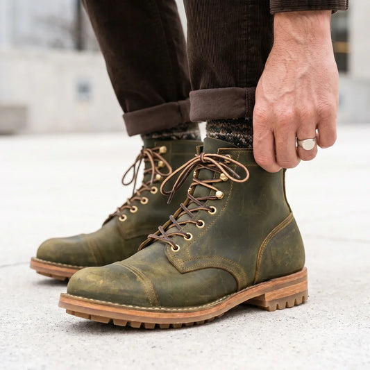 Men's Lace-Up Moc Toe Boots for Fall and Winter Everyday Wear Olive