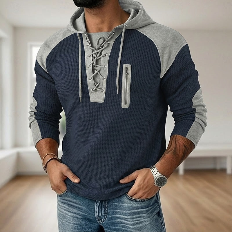 Men's Textured Lace-Up Sweatshirt for Fall and Winter Everyday Wear Navy Blue