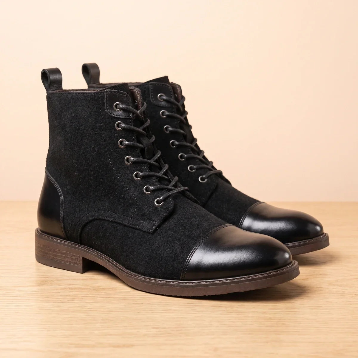 Men's Leather Wool Cap Toe Boots for Fall and Winter Everyday Wear Black