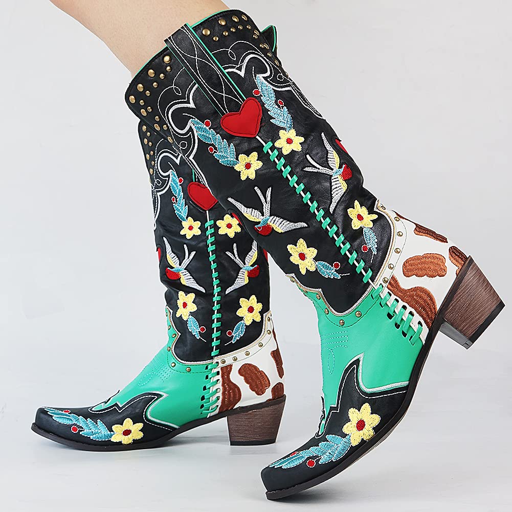 Women's Stylish Heart Embroidered Mid Calf Cowboy Boots