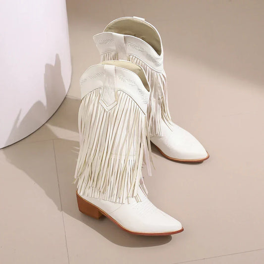 Women's Elegant Layered Fringe Embroidered Cowboy Boots