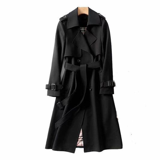 Women's Double-Breasted Belted Trench Coat for Daily Use Black