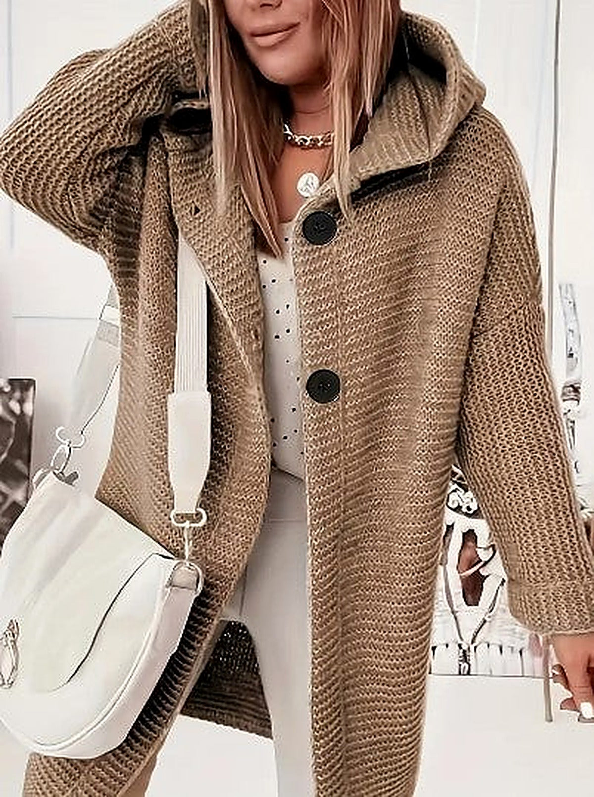 Women's Light Pink Hooded Oversized Cardigan for Fall and Winter