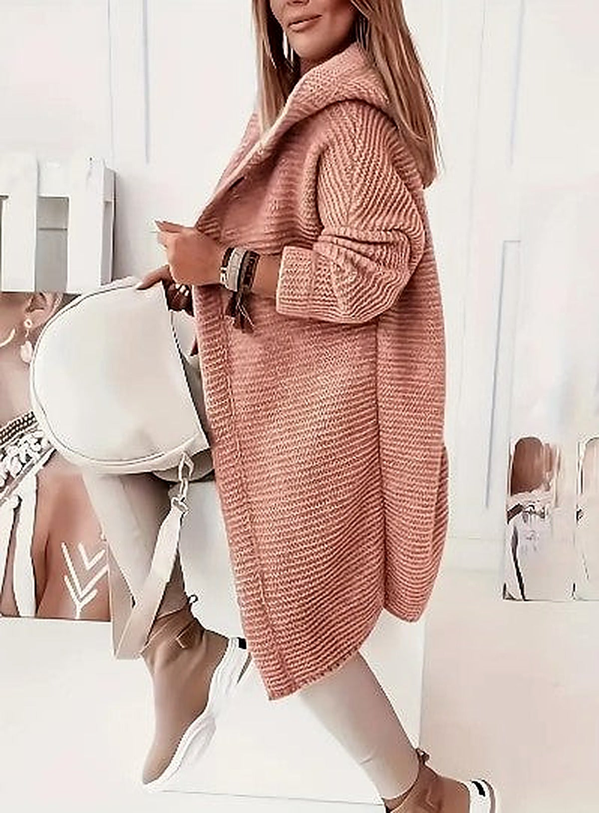Women's Light Pink Hooded Oversized Cardigan for Fall and Winter