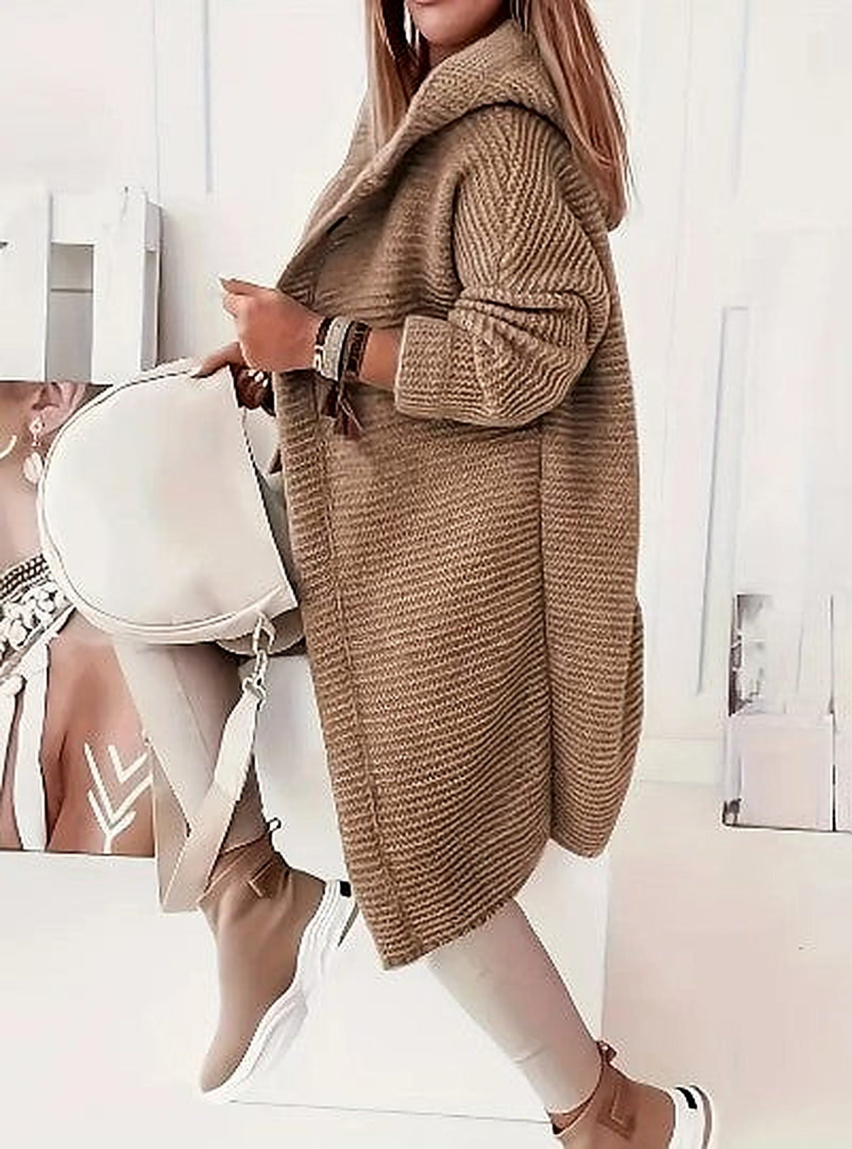 Women's Light Pink Hooded Oversized Cardigan for Fall and Winter