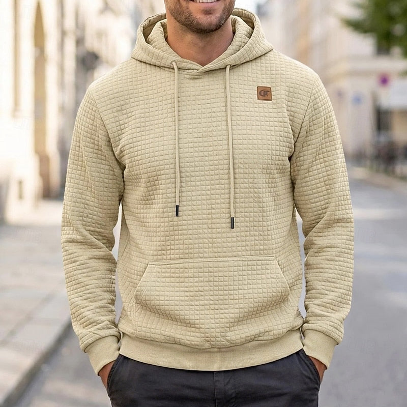 Men's Textured Hooded Sweatshirt for Fall and Winter Everyday Wear Khaki