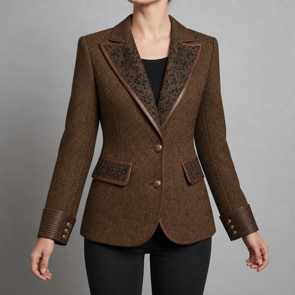 Women's Brown Leather Herringbone Tweed Blazer for Everyday Wear Brown