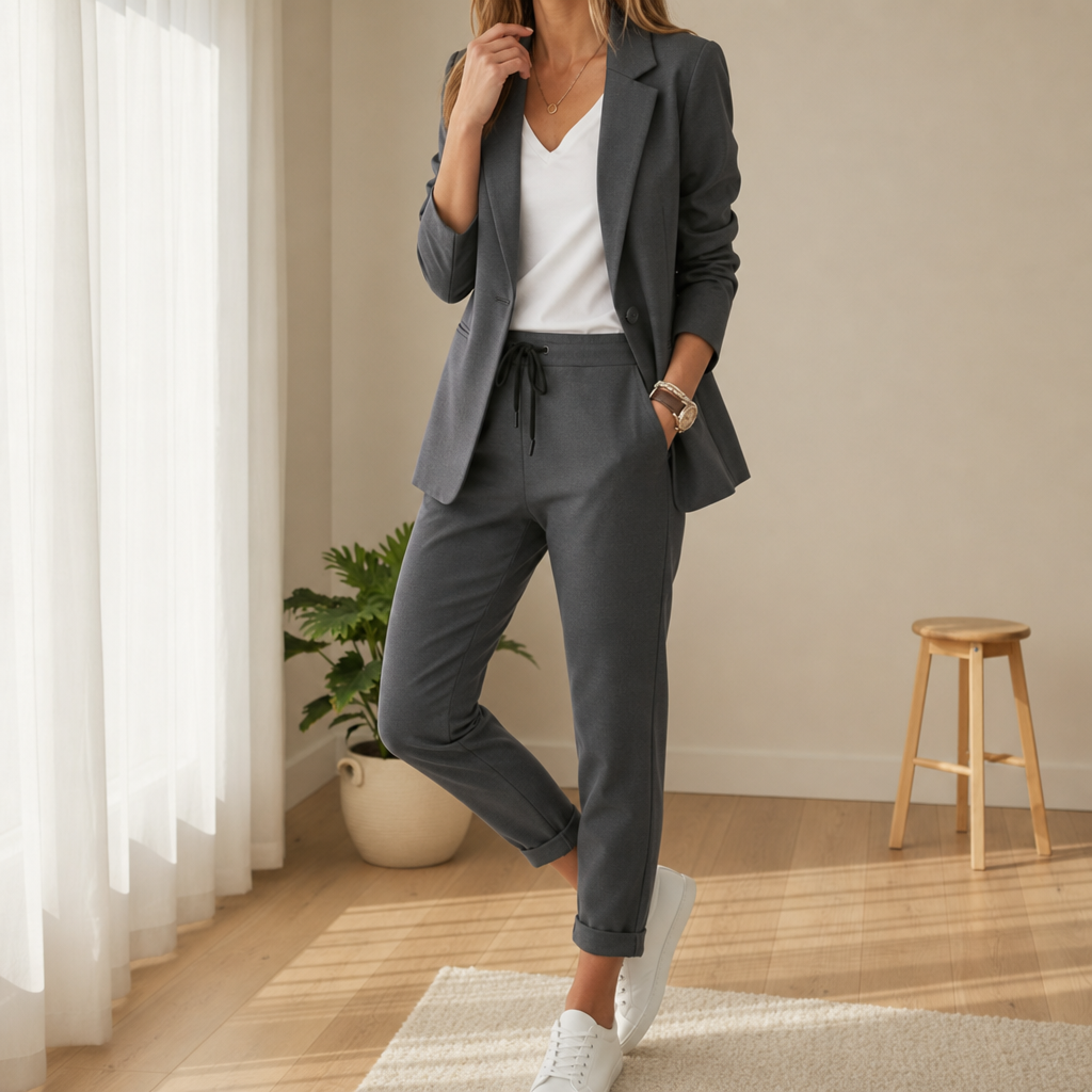 Women's Blazer and Jogger Set for Fall and Winter Everyday Wear Gray