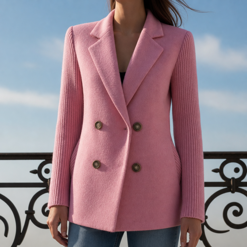 Women's Double-Breasted Contrast Blazer for Everyday Wear Pink